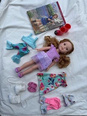 American Girl Doll with Purple Dress, Aqua Top & Floral Skirt